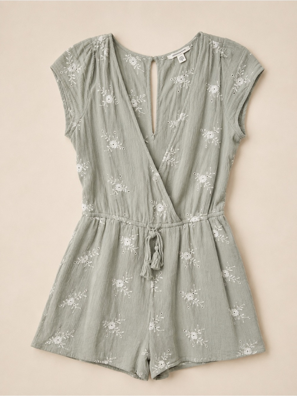 American Eagle Light Sage Floral Embroidered Romper